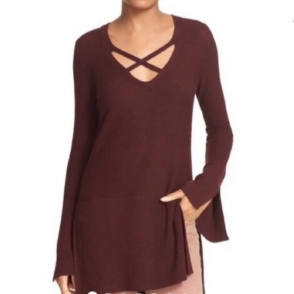 Free People Burgundy Criss Cross Sweater Tunic